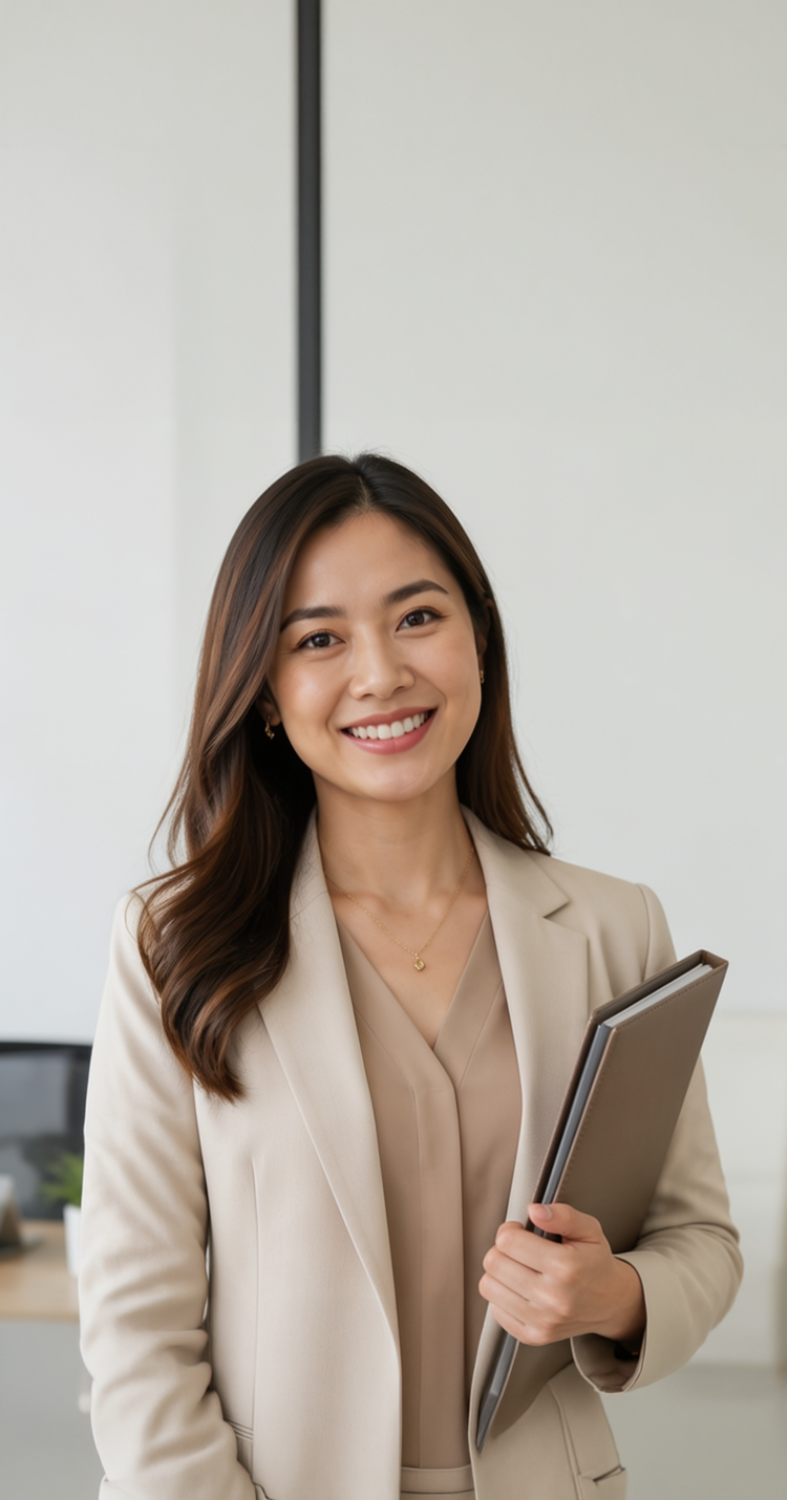 A smiling woman with long dark brown hair stands in a bright office setting, wearing a beige blazer over a matching beige top and holding a dark gray folder.